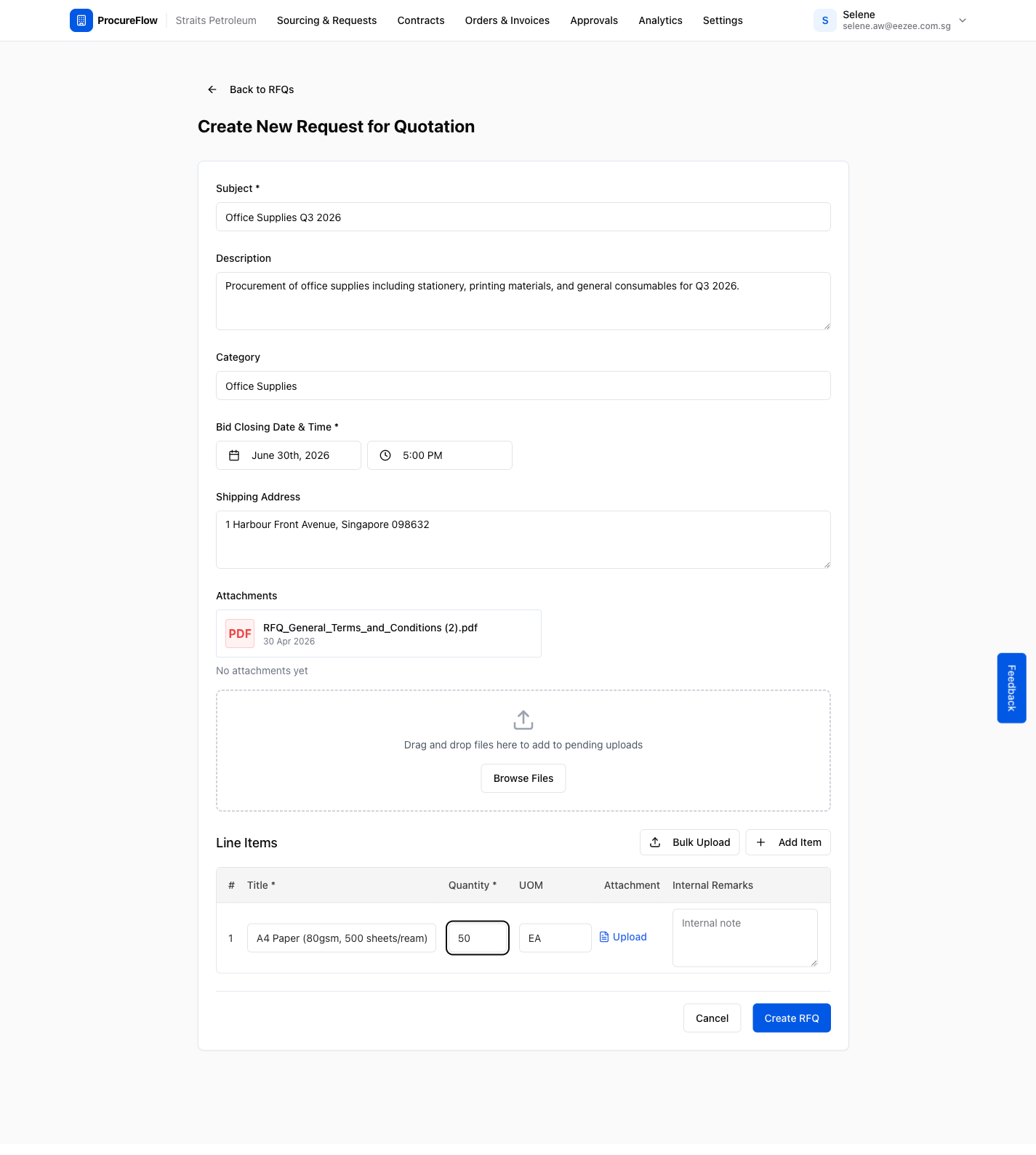 Example of a completed form. Click "Create RFQ" at the bottom right when ready.