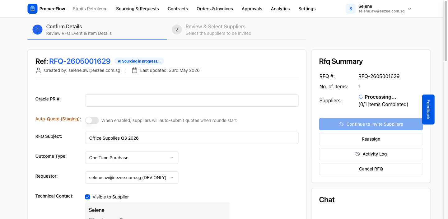 AI sourcing is complete: relevant suppliers have been identified. The "Continue to Invite Suppliers" button is now active.