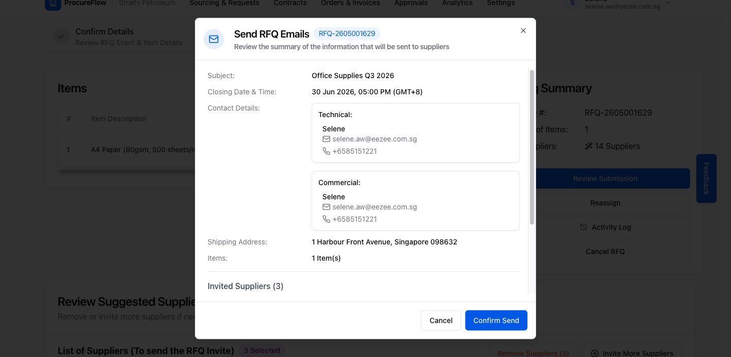 Review all details carefully. Once you click "Confirm Send", invitation emails are dispatched to all selected suppliers.