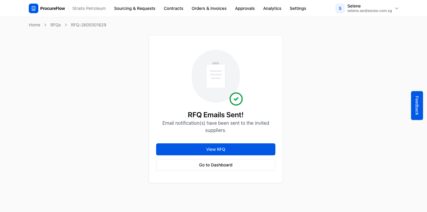 The success screen confirms that invitation emails have been sent to all selected suppliers.