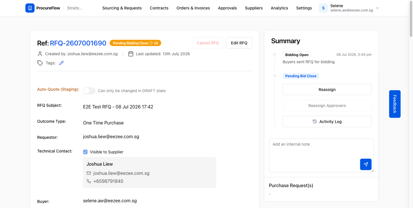 RFQ detail page with Edit RFQ button visible