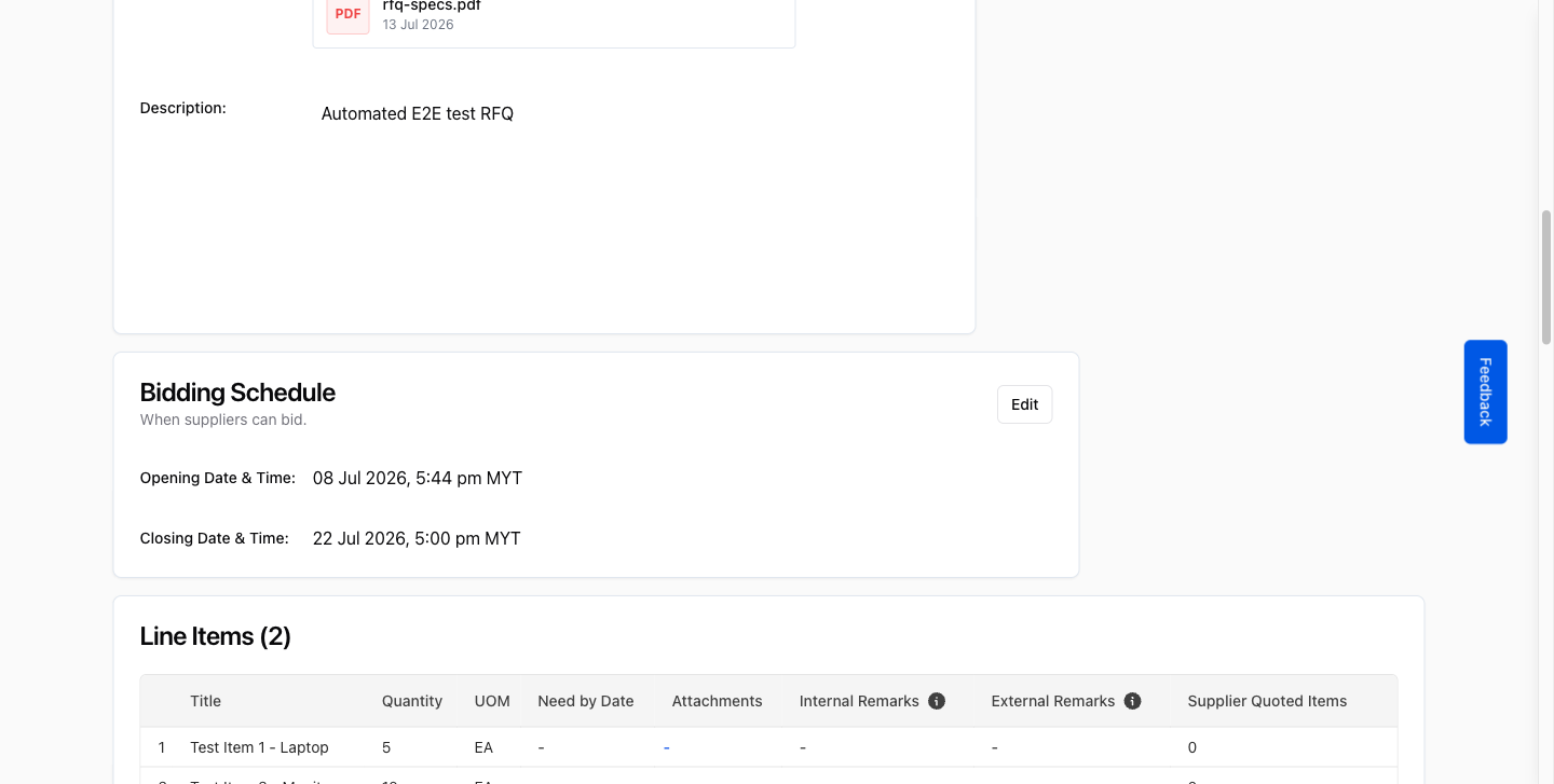 Bidding Schedule card in view mode with Edit button