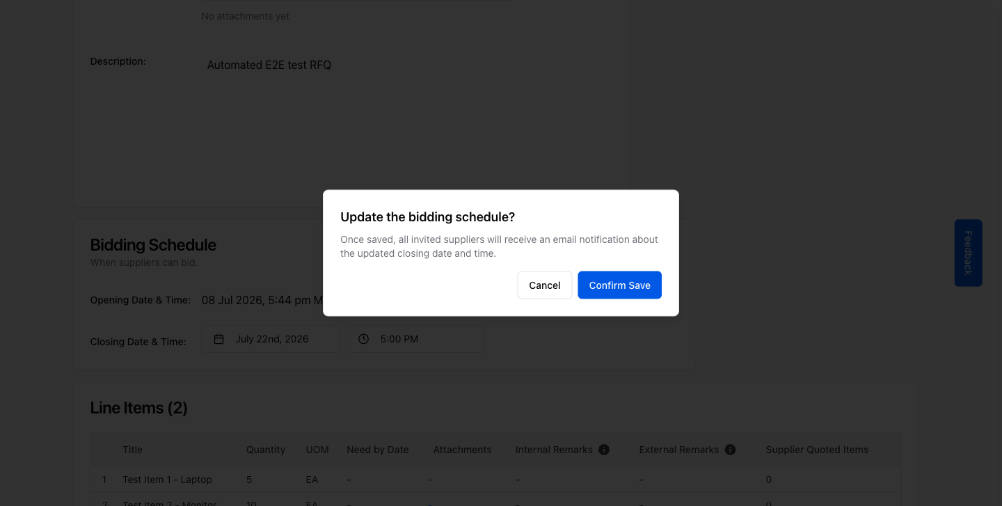 Confirmation dialog for updating the bidding schedule