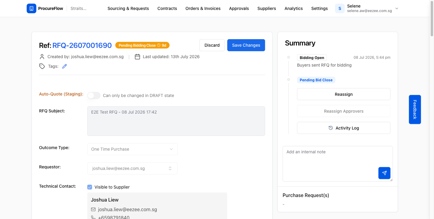 RFQ card in edit mode with Discard and Save Changes buttons