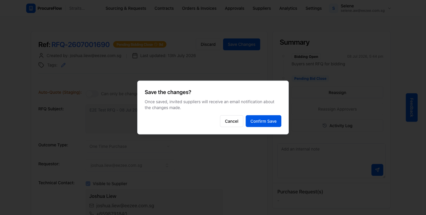Confirmation dialog for saving RFQ changes