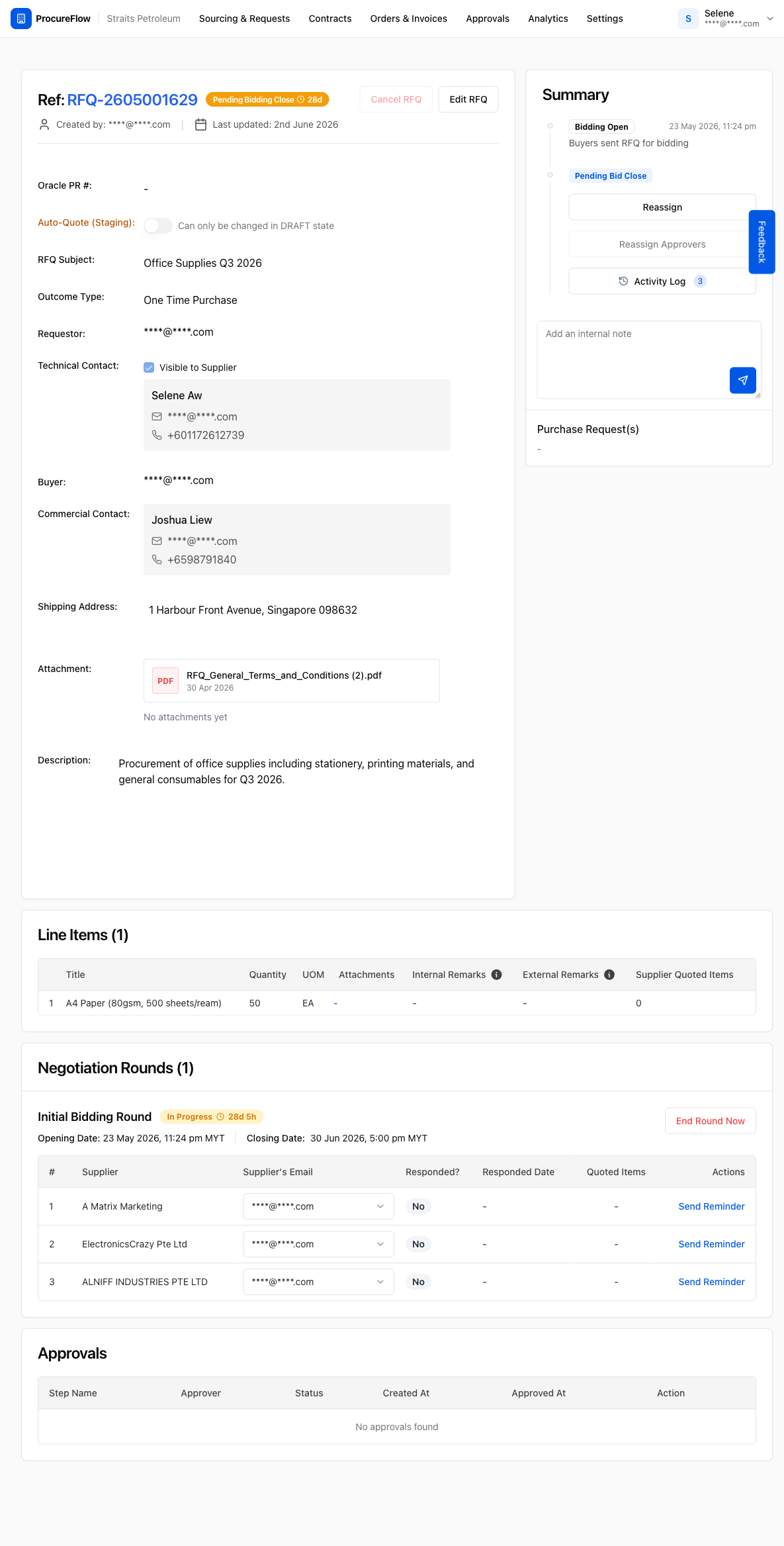 RFQ-2605001629 in Pending Bidding Close state. The Summary panel on the right shows the current workflow stage and the Reassign button.