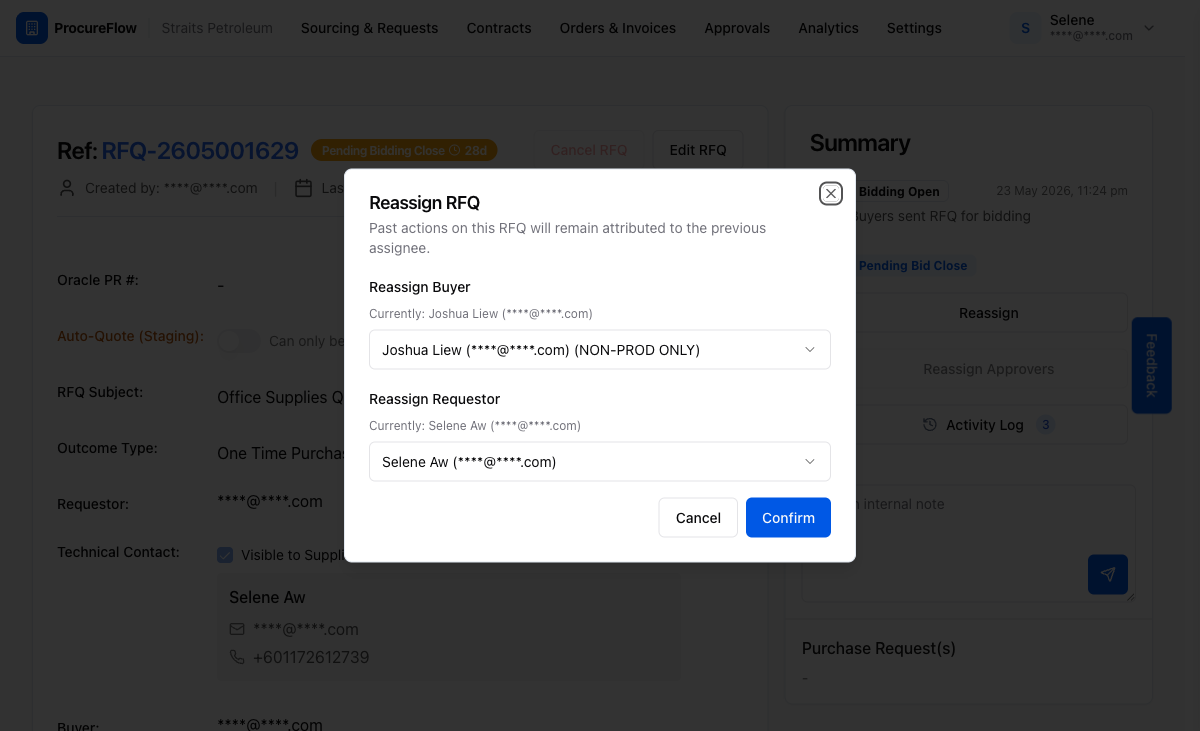 The Reassign RFQ dialog. Both the Buyer and Requestor dropdowns are shown with the current assignees pre-selected.