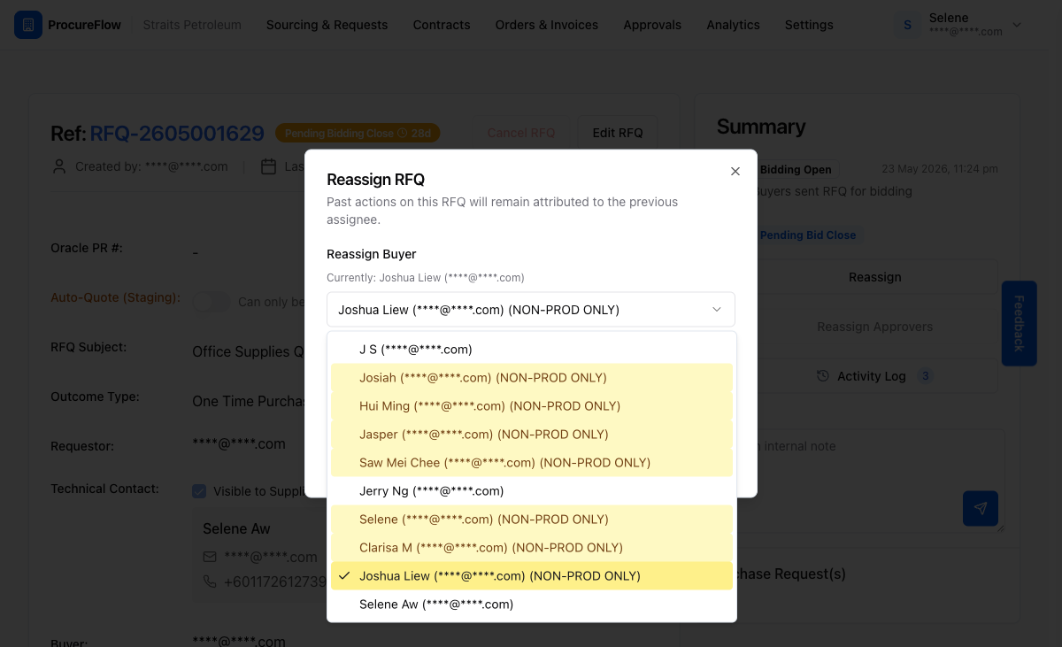 The Buyer dropdown expanded. Only users with the correct procurement role appear here.