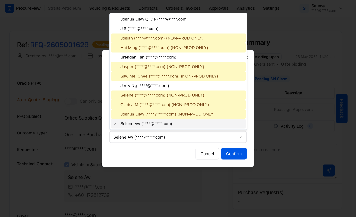 The Requestor dropdown showing a broader list of eligible users compared to the Buyer dropdown.