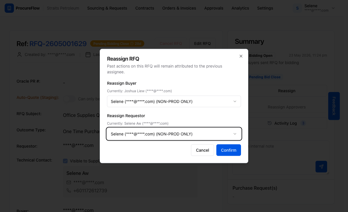 Both fields filled in and ready to confirm. Clicking Confirm triggers the reassignment and sends notification emails.