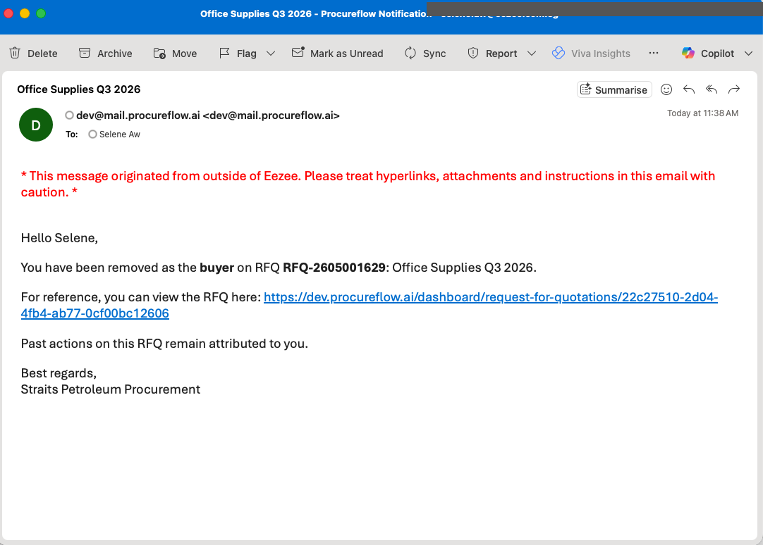 The outgoing buyer is notified they have been removed. The email includes the RFQ reference, subject, and a view link. Past actions remain attributed to them.