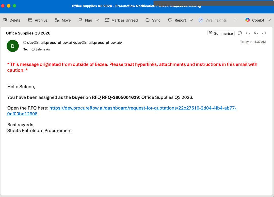 The incoming buyer is notified they have been assigned, with a direct link to open the RFQ.