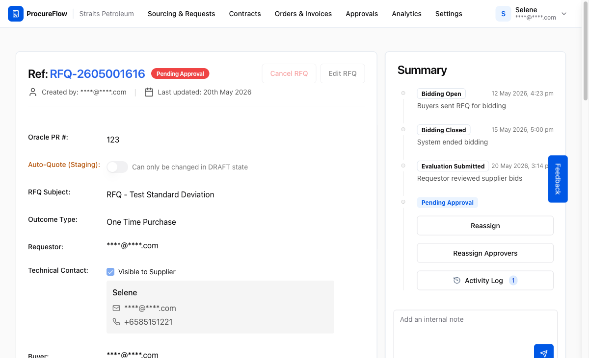 RFQ-2605001616 in Pending Approval state. Both buttons in the Summary panel are now active.