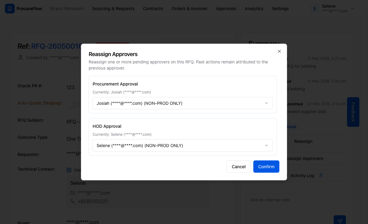 The Reassign Approvers dialog listing all pending steps. Each step shows the current approver and a dropdown to choose the replacement.