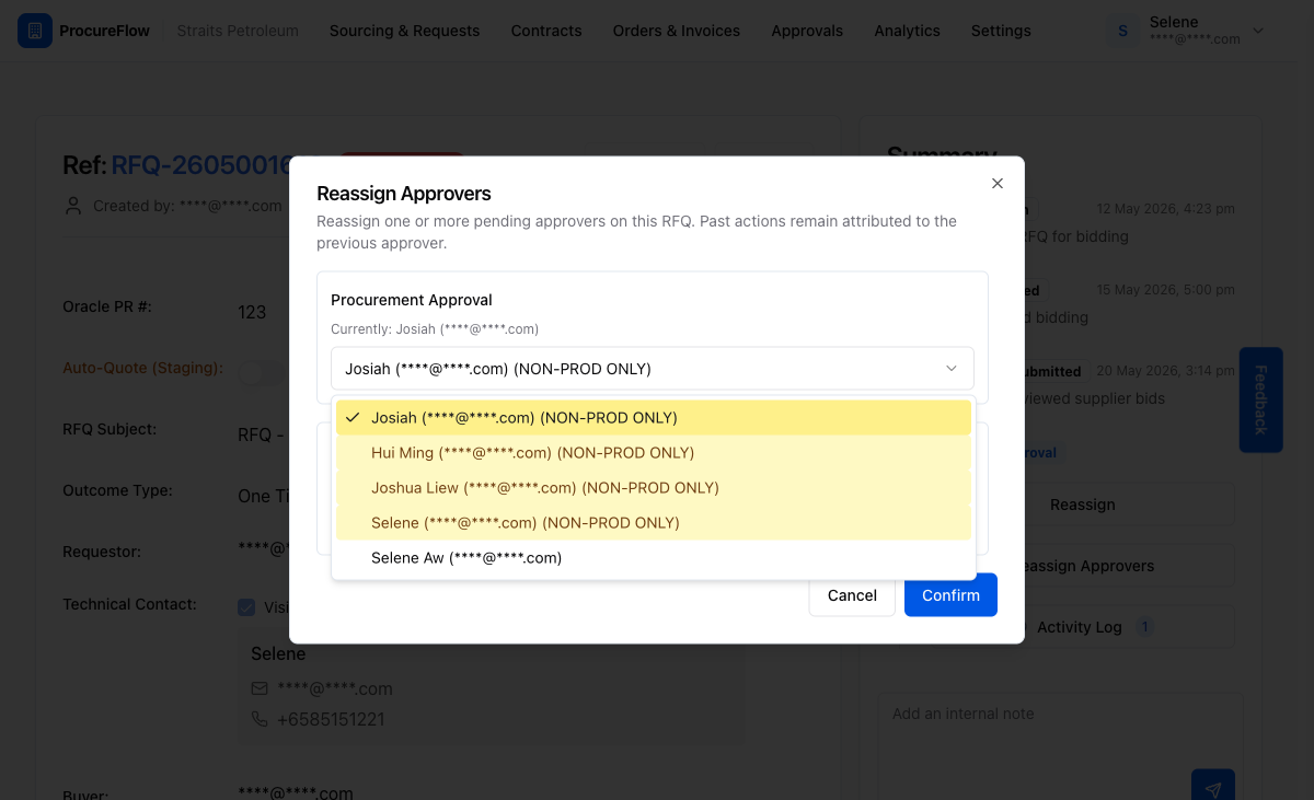 The dropdown for the Procurement Approval step, showing all eligible approvers for that workflow step.
