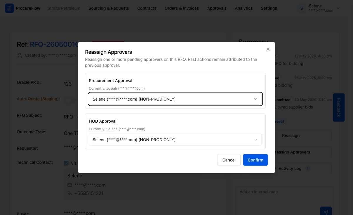 The Procurement Approval step has been updated to the new approver. Click Confirm to apply all changes.