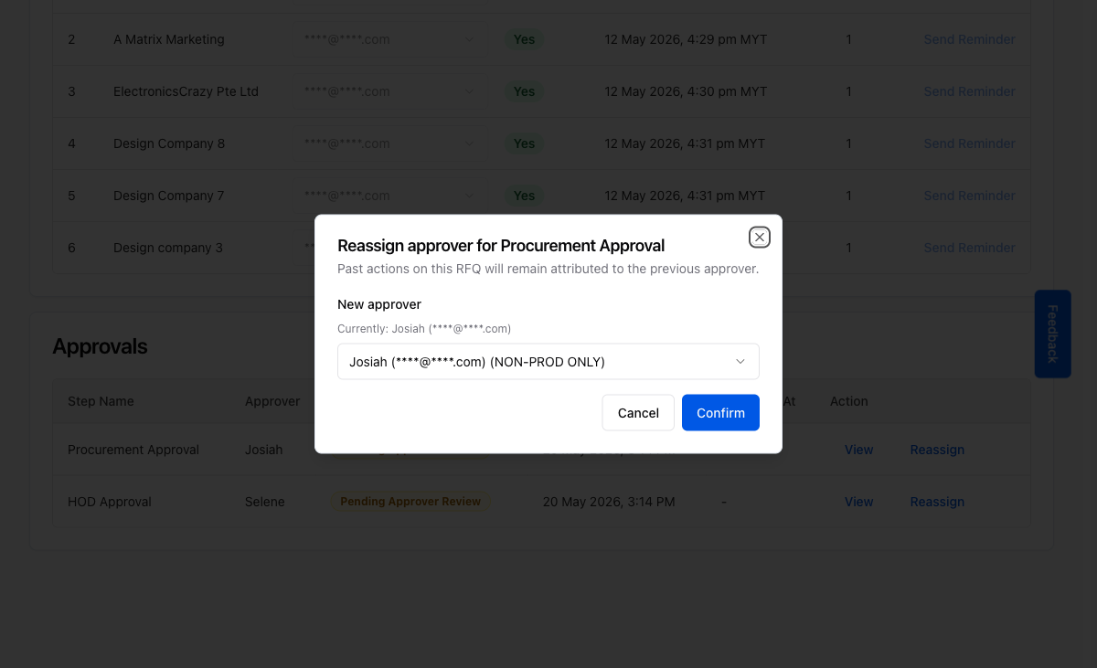 The single-step Reassign Approver dialog, pre-labelled with the step name (e.g. Procurement Approval) and current approver.