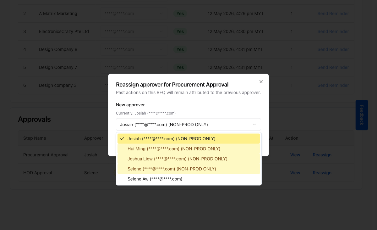 The eligible approver list for the Procurement Approval step. The current approver is highlighted with a checkmark.