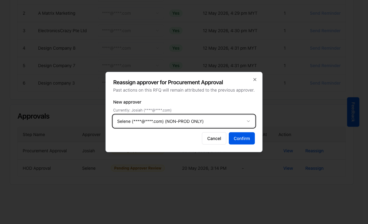 New approver selected and ready to confirm. Clicking Confirm sends notification emails and updates the approval record.