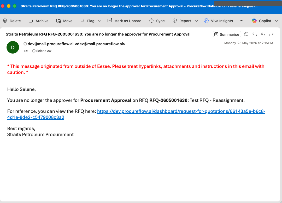 The outgoing approver is notified they have been removed from the approval step. The email includes the RFQ reference number and a link to view it.