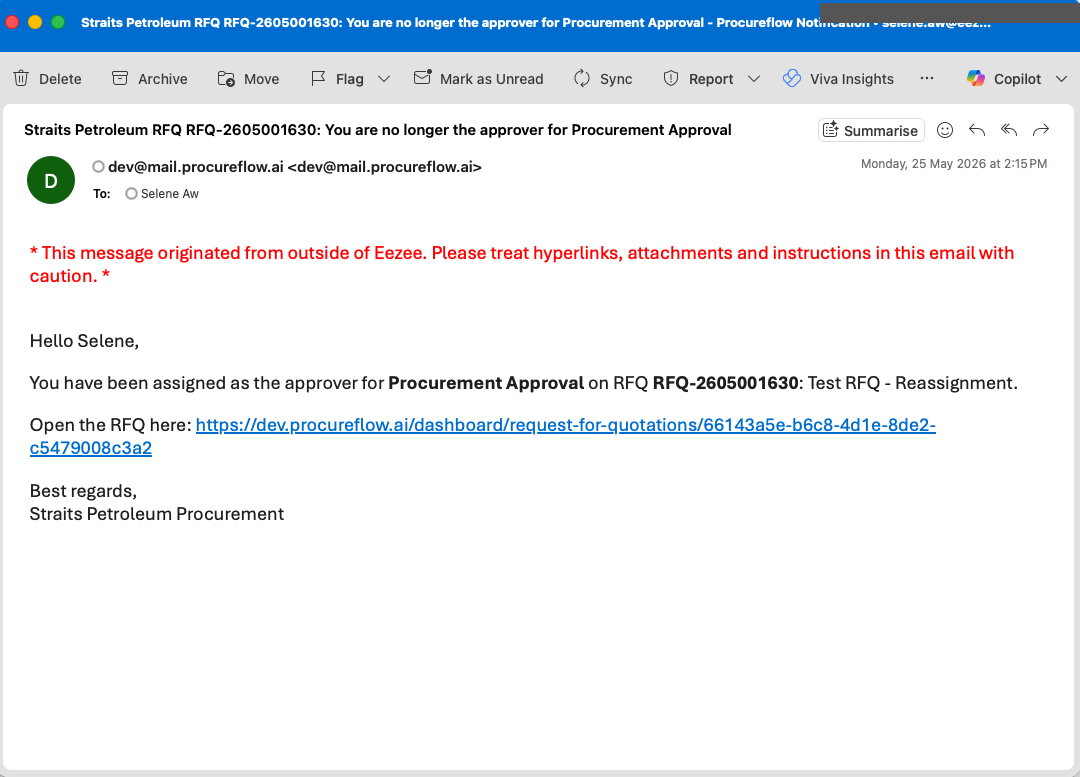 The incoming approver is notified of their new responsibility, with a direct link to open the RFQ and action their approval.