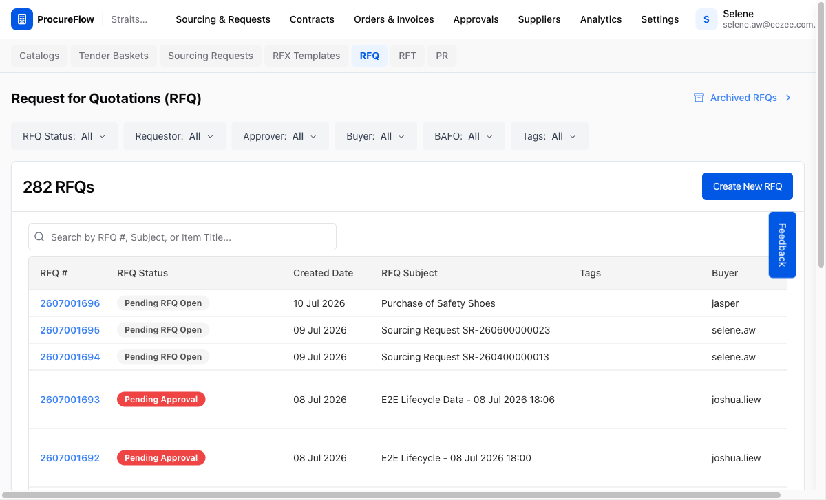 RFQ list page showing open RFQs