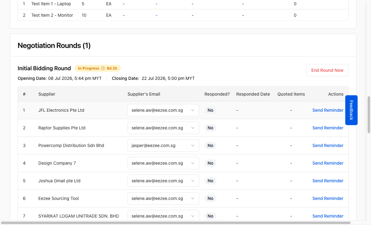 Negotiation Rounds table with supplier rows and Send Reminder buttons