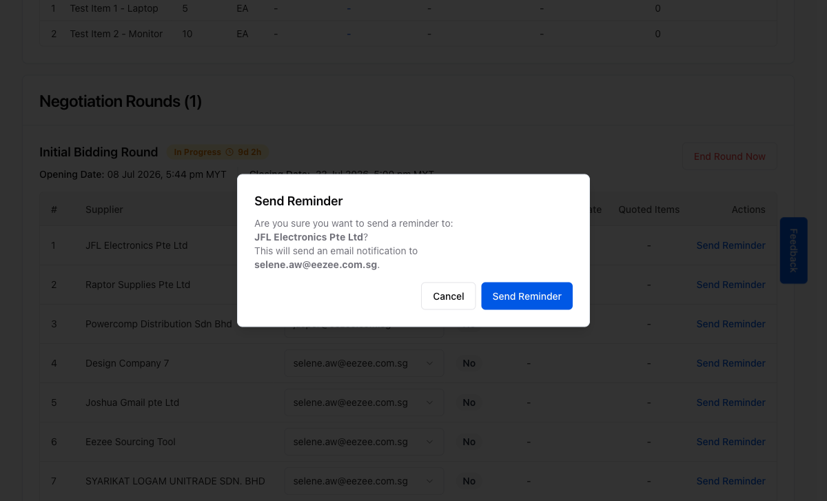 Send Reminder confirmation dialog