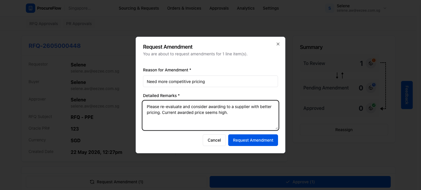 Request Amendment dialog with reason and remarks filled in