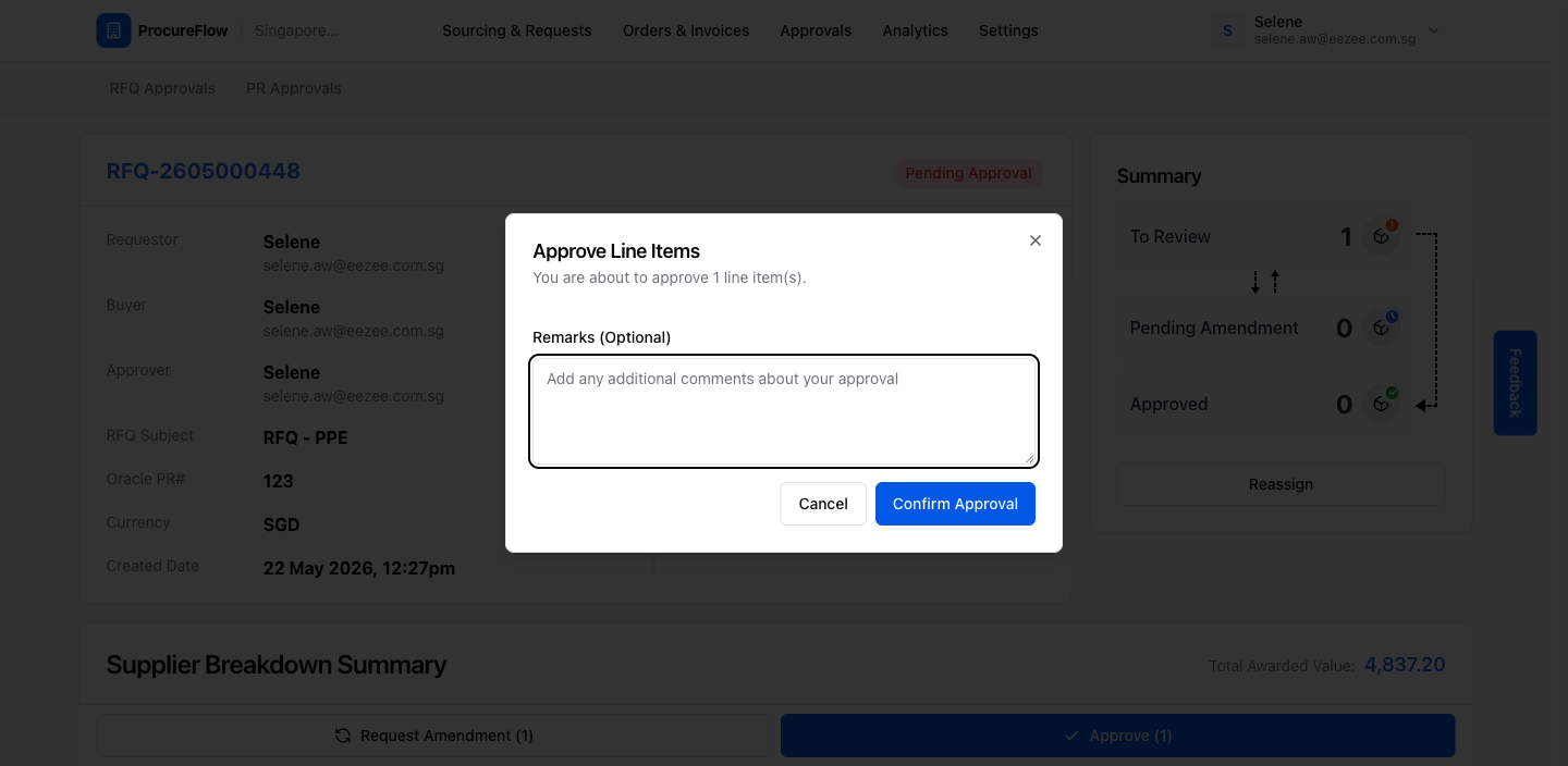 Approve dialog confirming 1 line item will be approved