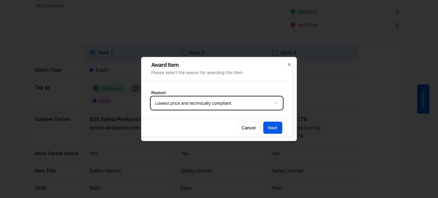 Award Item dialog – select reason