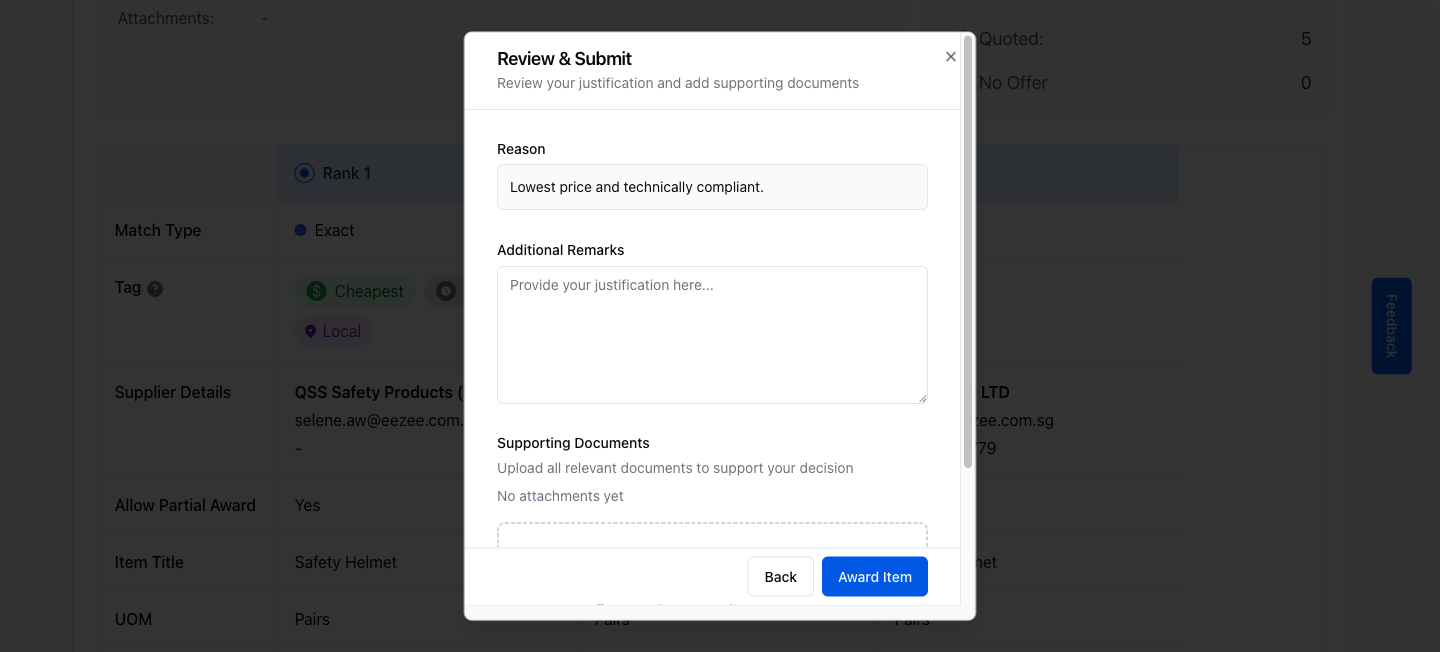 Review & Submit confirmation dialog