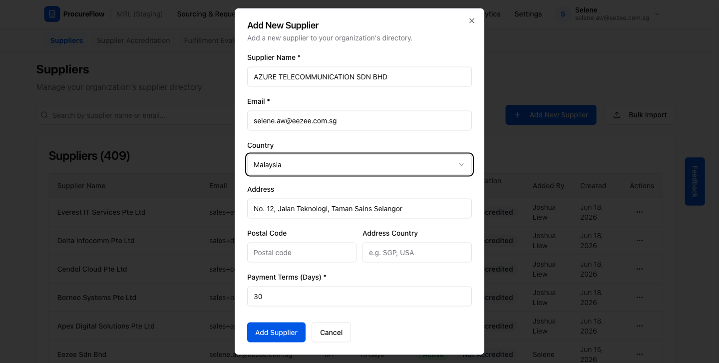 Step 3 – Supplier details filled in