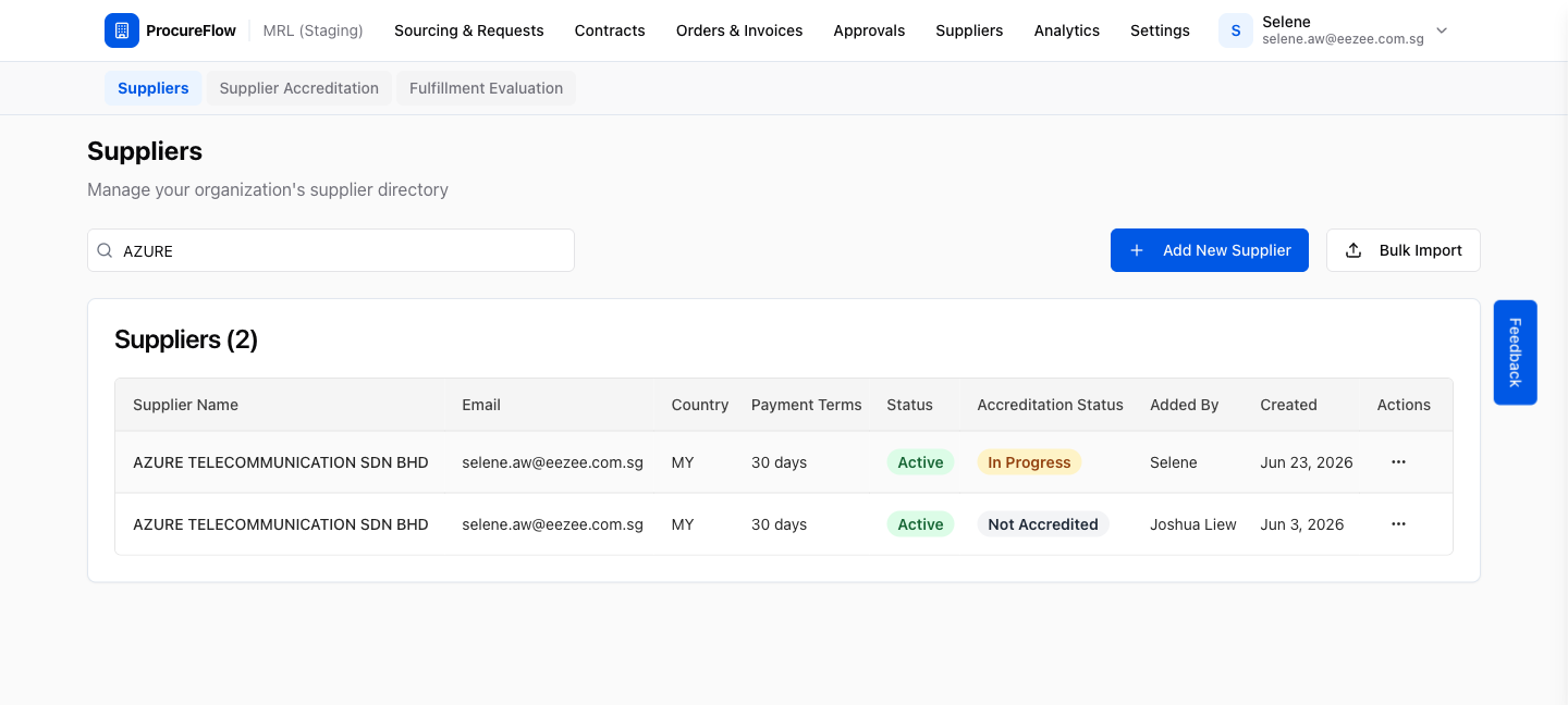 Step 1 – Suppliers directory