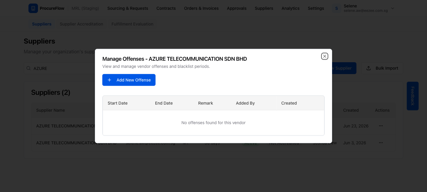 Step 3 – Manage Offenses dialog (no offenses yet)