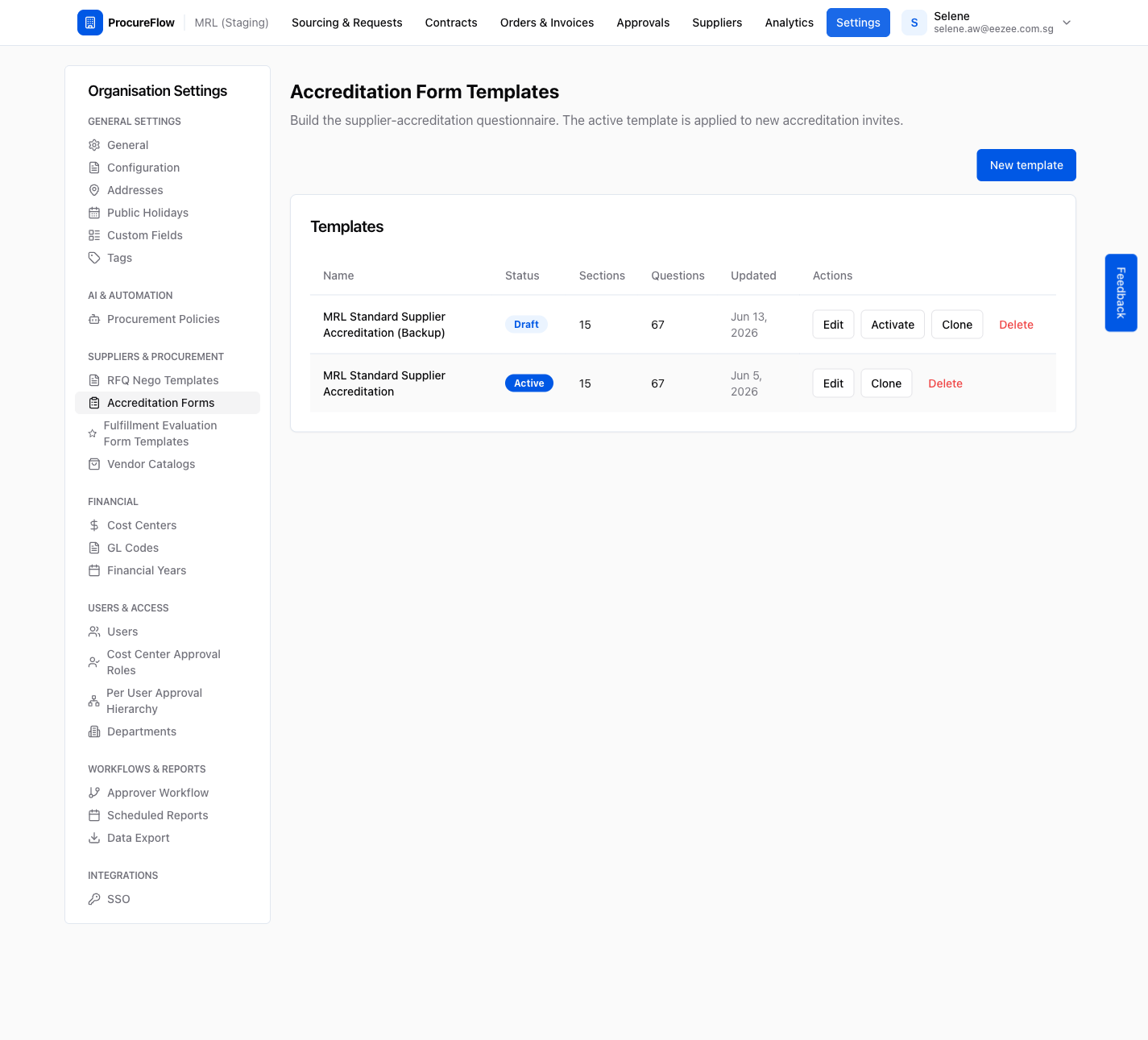 Step 1 – The Accreditation Form Templates list under Settings