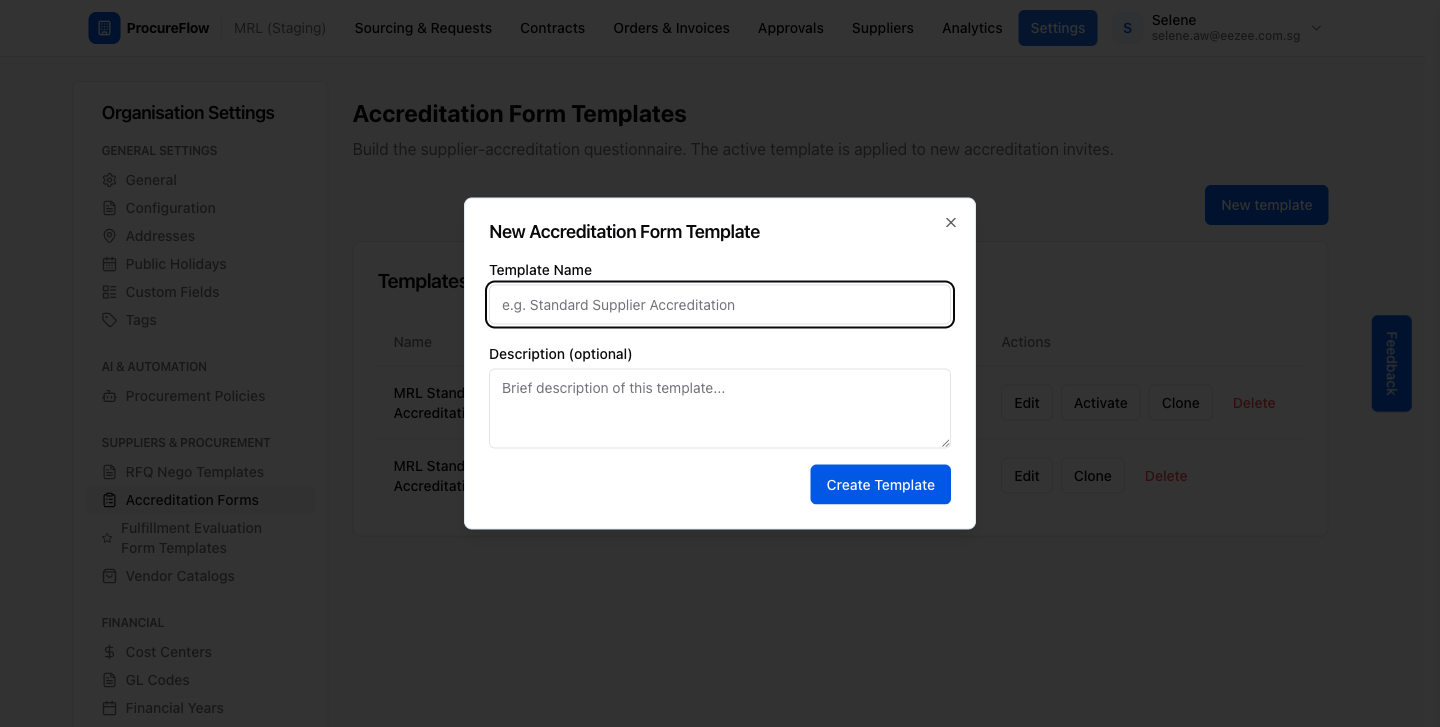 Step 2 – The New Accreditation Form Template dialog