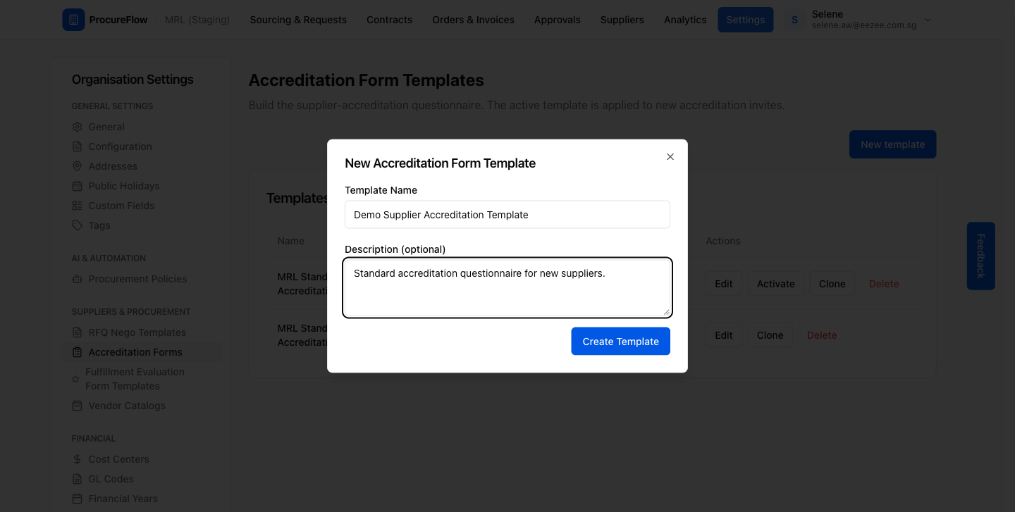 Step 3 – Template name and description filled in, ready to create