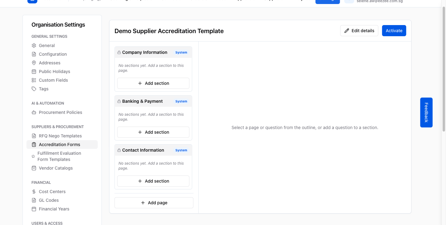 Step 4 – The template builder: outline (left) and editor panel (right)