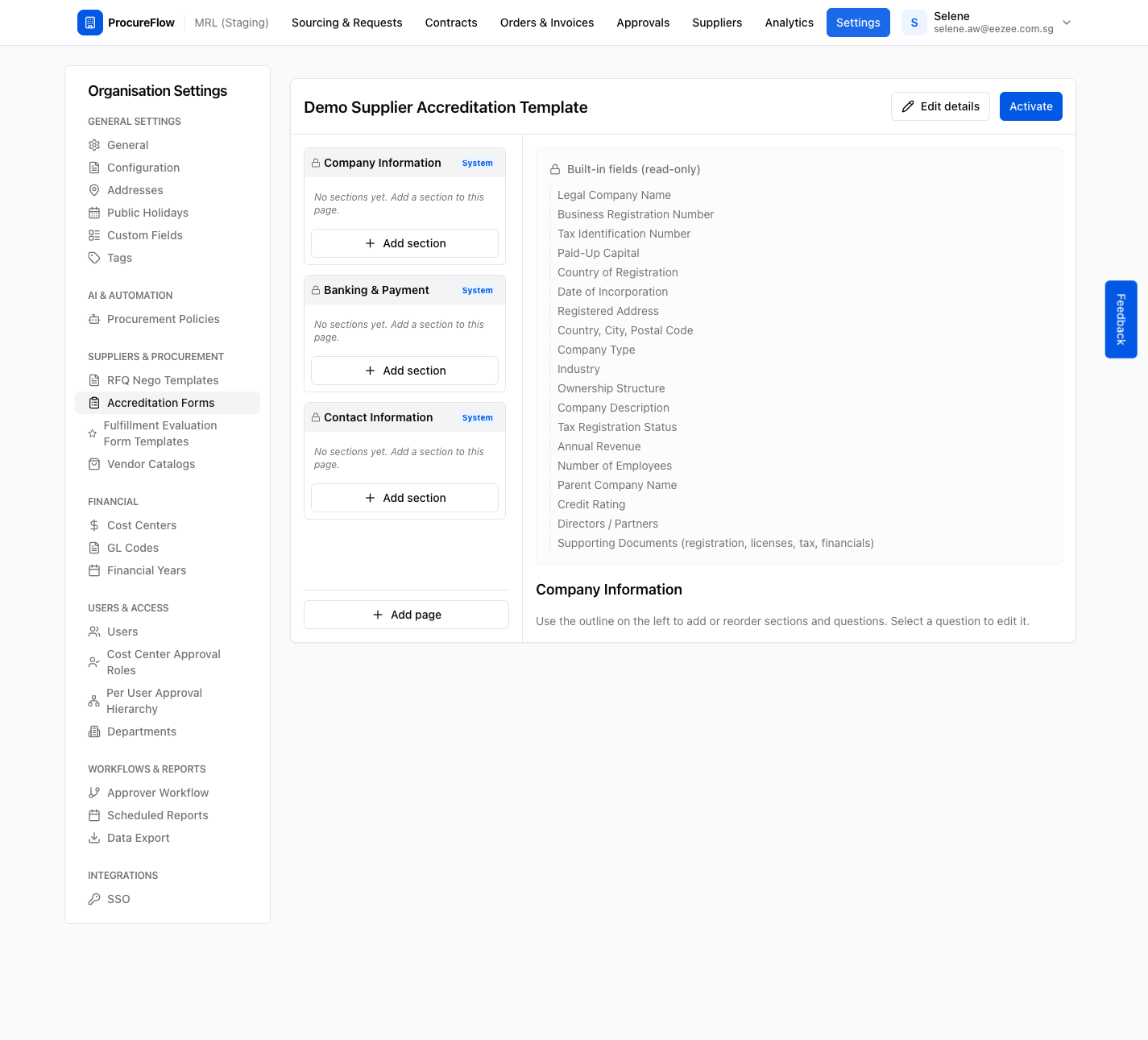 Step 5 – Company Information system page preview: built-in fields shown on the right panel
