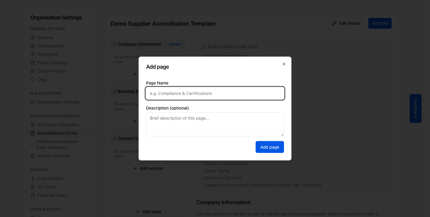 Step 6 – Add page dialog: enter a page name and optional description
