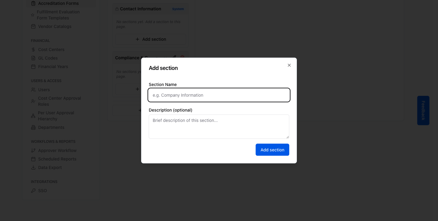 Step 7 – Add section dialog: enter a section name and optional description