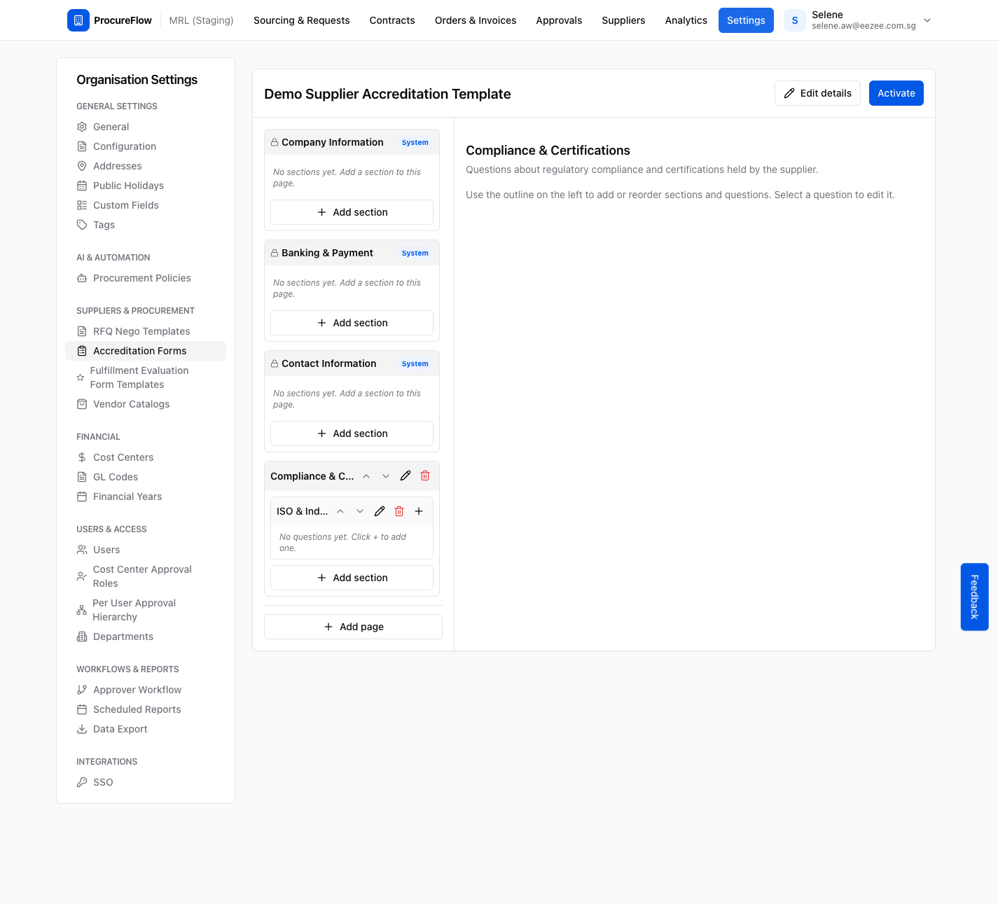 Step 7c – Section appears in the outline; click the + icon to add a question