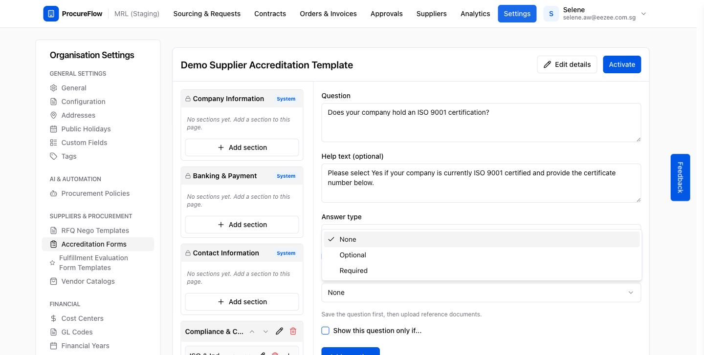 Step 10 – Supplier attachment options: None, Optional, or Required