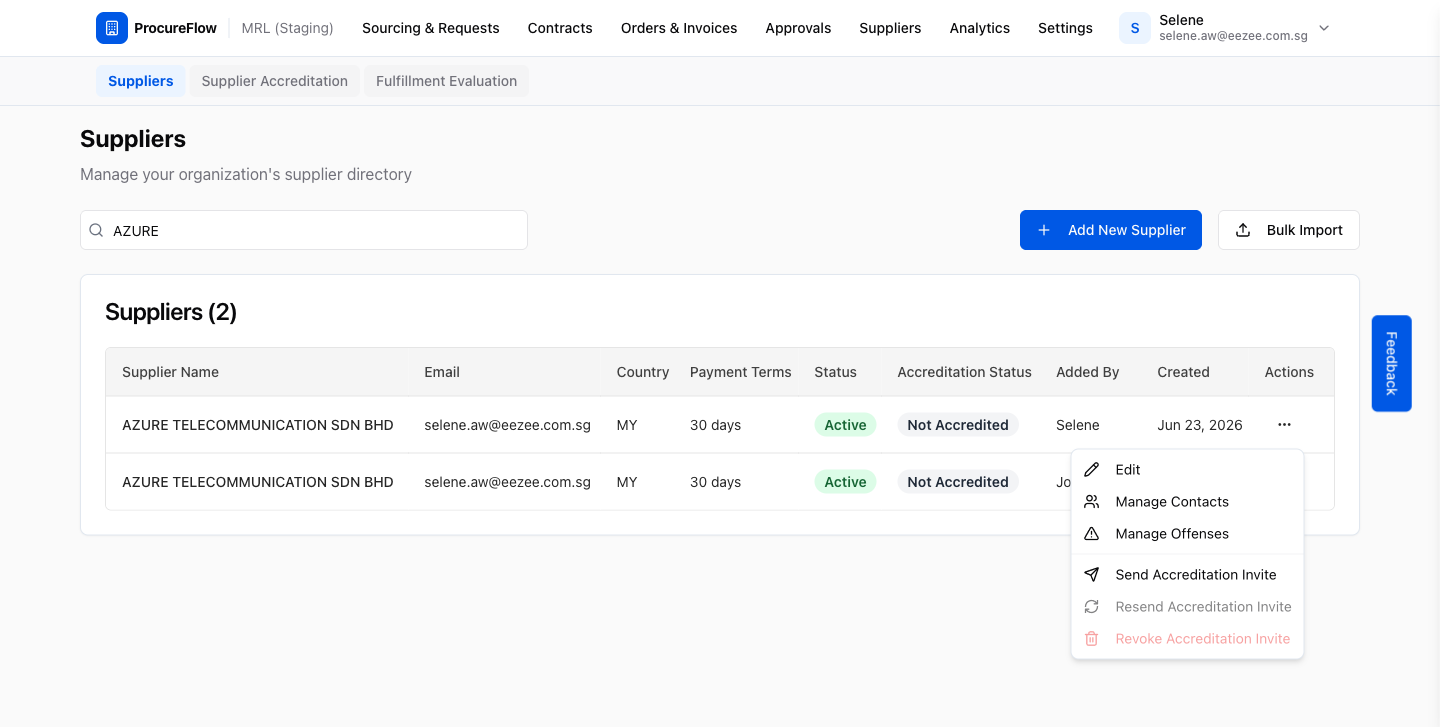 Step 2 – Row actions dropdown showing accreditation options