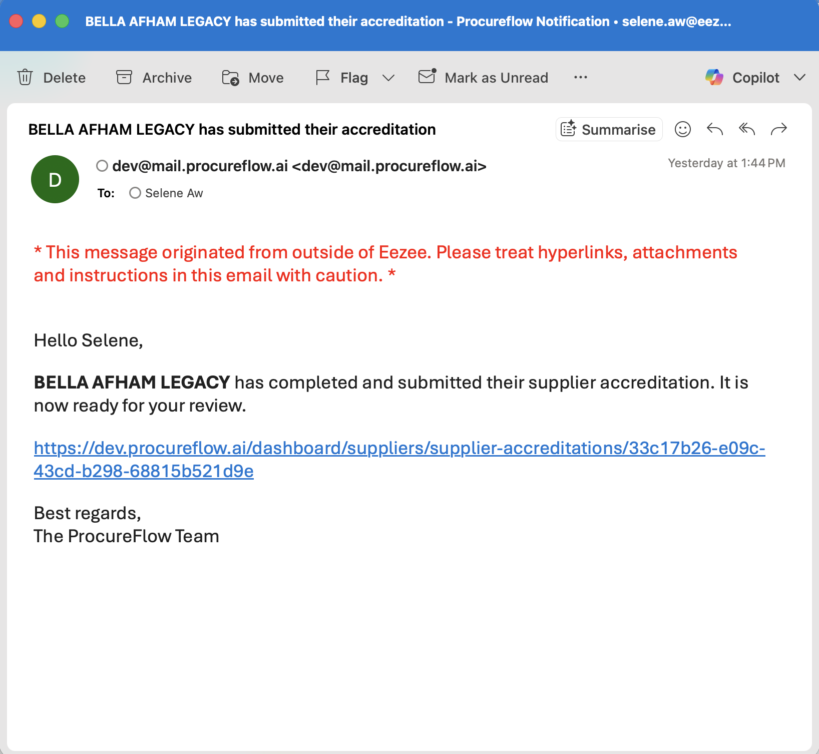 Step 6 – System email notifying the buyer that the supplier has submitted their accreditation