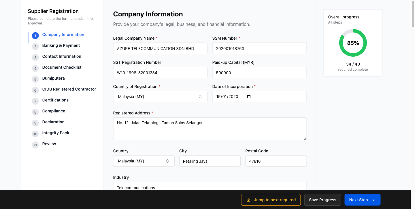 Step 3 – Filling in a form section; use Save Progress and Next Step to advance