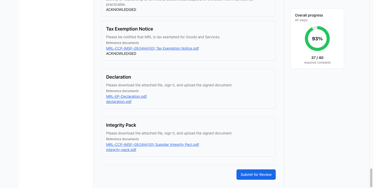 Step 4 – Review page scrolled to the bottom; click Submit for Review once all sections are complete
