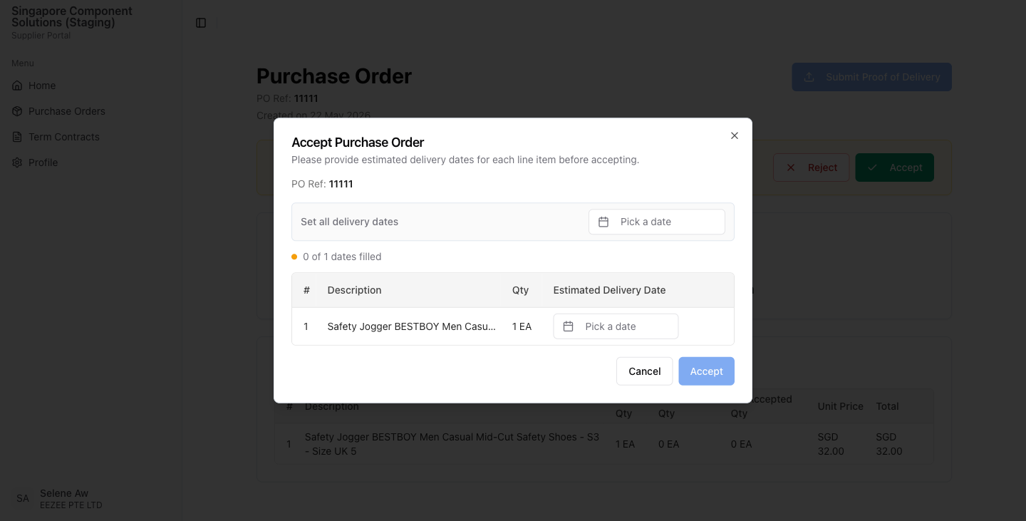 Left: the dialog before dates are entered. Right: all dates filled in and the Accept button is now active.