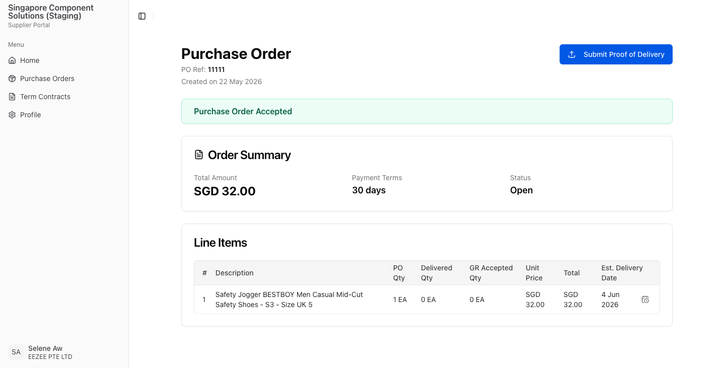 The PO is now accepted. The Submit Proof of Delivery button is active and ready to use.